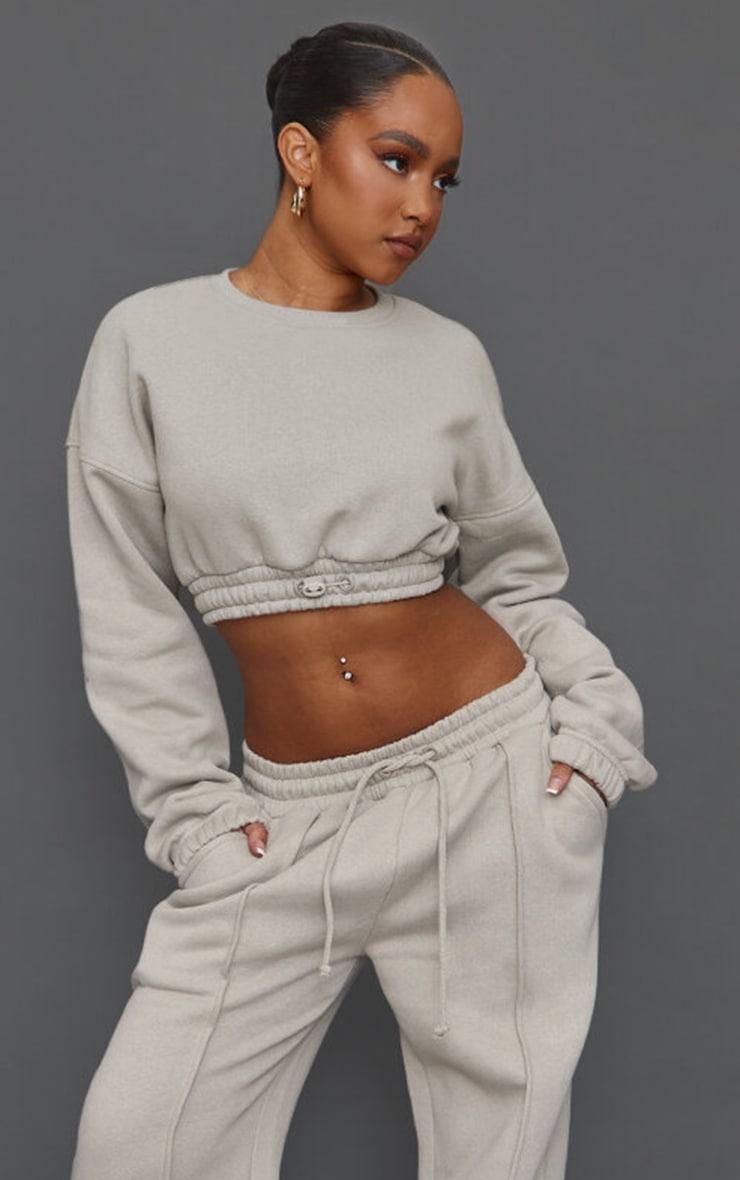 Petite Moss Grey Crop Elasticated Sweat Top Product Image