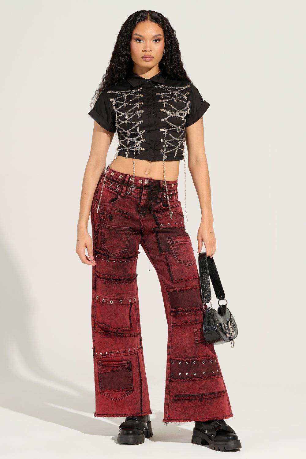 GRUNGY ATTITUDE MINERAL WASH RED WIDE LEG DENIM Product Image