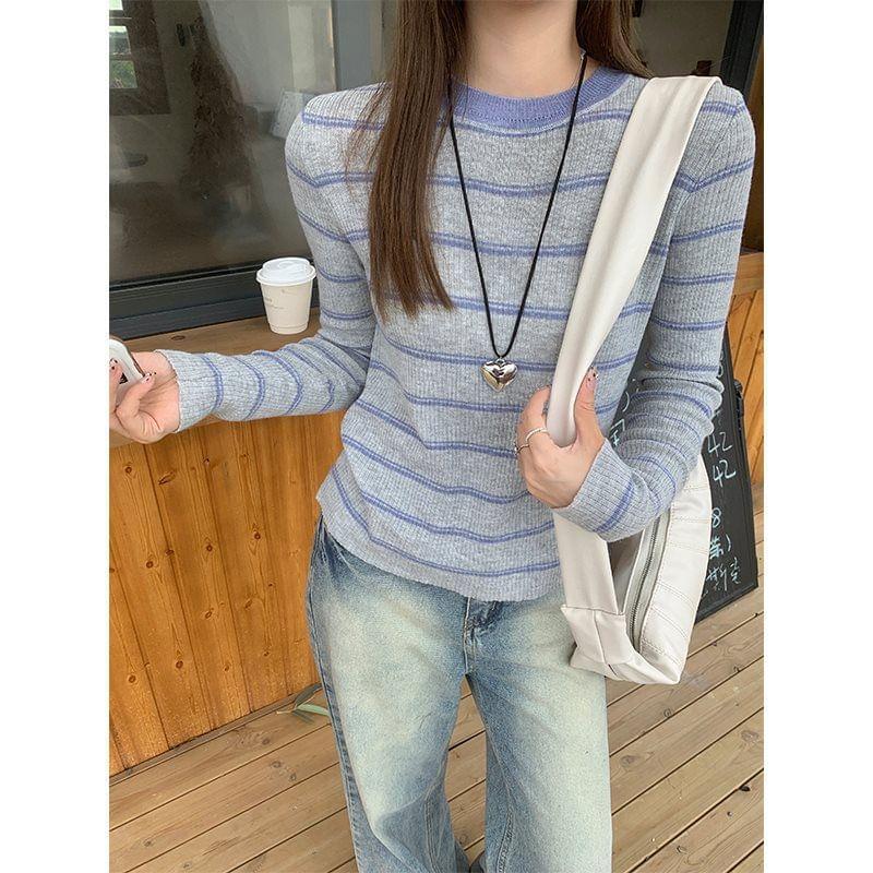 Long Sleeve Round Neck Striped Ribbed Knit Top Product Image