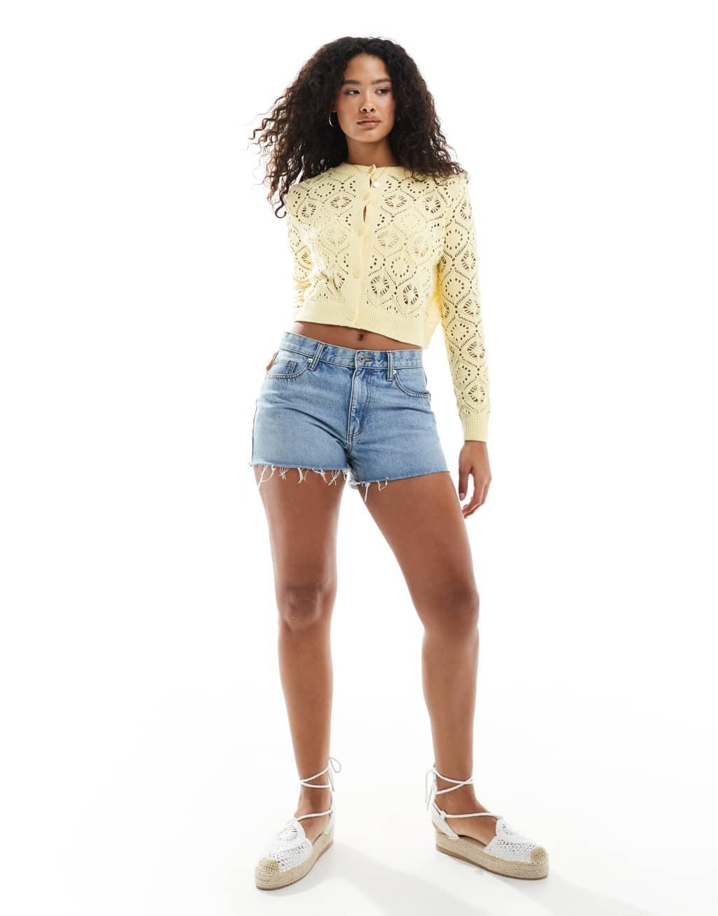 Miss Selfridge knit pointelle cardigan in lemon Product Image