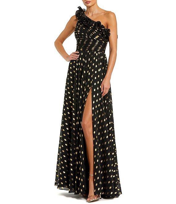Mac Duggal One Shoulder Ruffle Pleated Bodice Foil Dotted Chiffon Gown Product Image