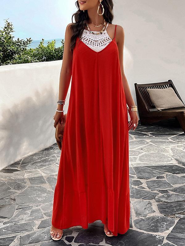 Loose Sleeveless Pleated Solid Color Split-Joint Spaghetti-Neck Maxi Dresses Product Image