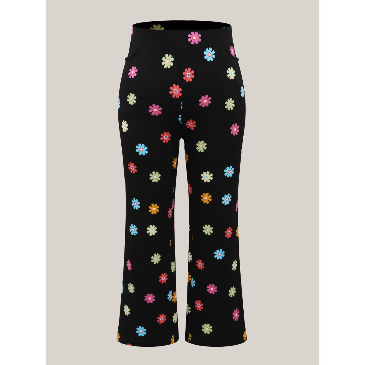 Plus Size Multi-Color Floral Print Flared Pants Women BlackFlower Playful Bodycon Mid Rise Casual Pants BloomChic 28/5X Product Image
