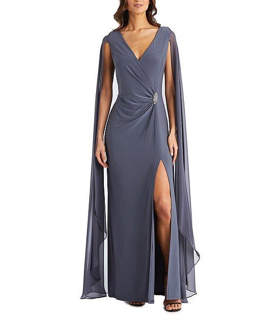 R & M Richards Chiffon V-Neck Sleeveless Duster Cape Sheath Dress Product Image