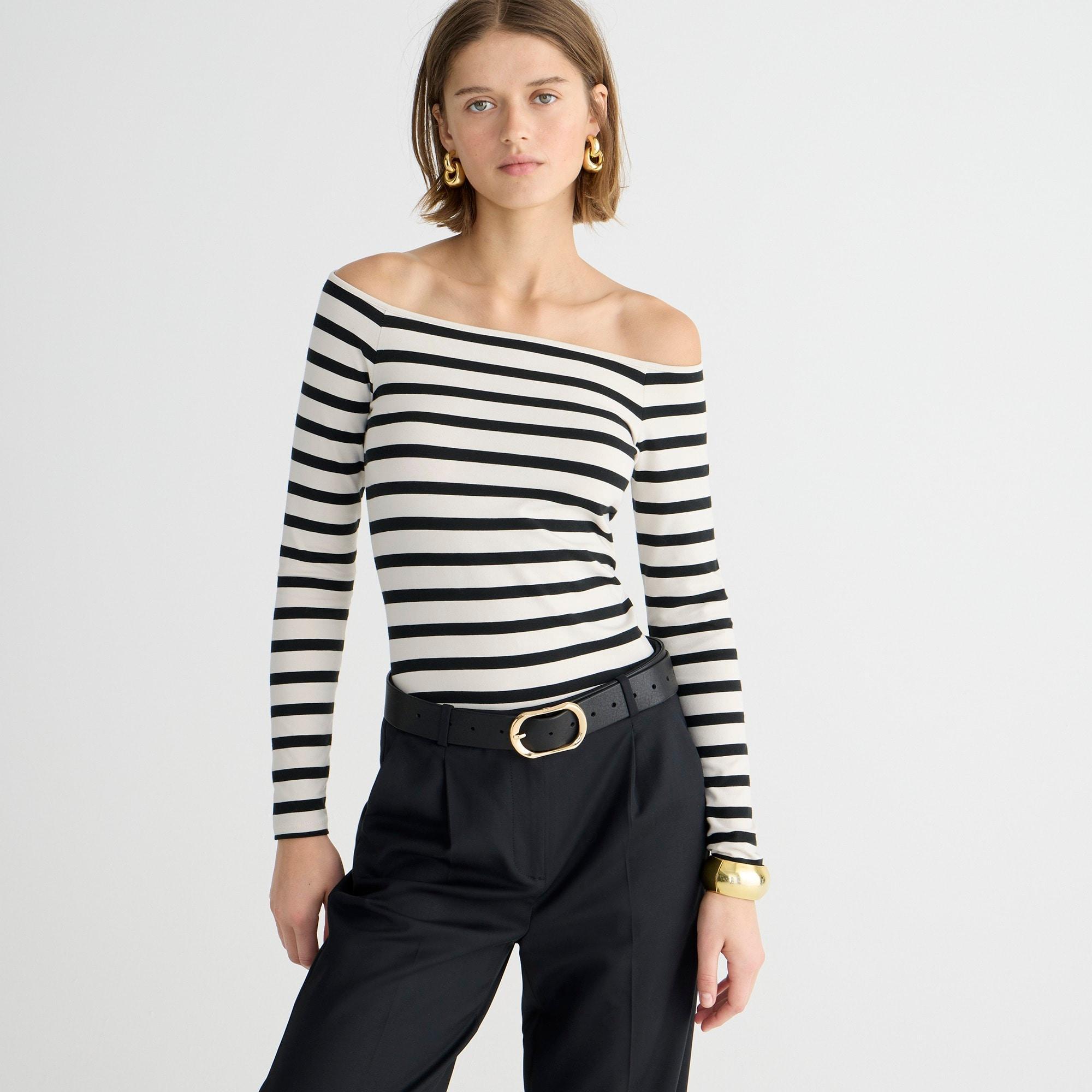 Off-the-shoulder long-sleeve shirt in striped stretch cotton Product Image