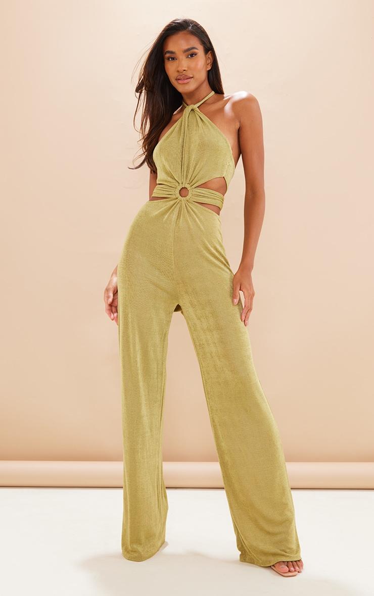 Olive Acetate Slinky Ring Detail Cut Out Halter Jumpsuit Product Image