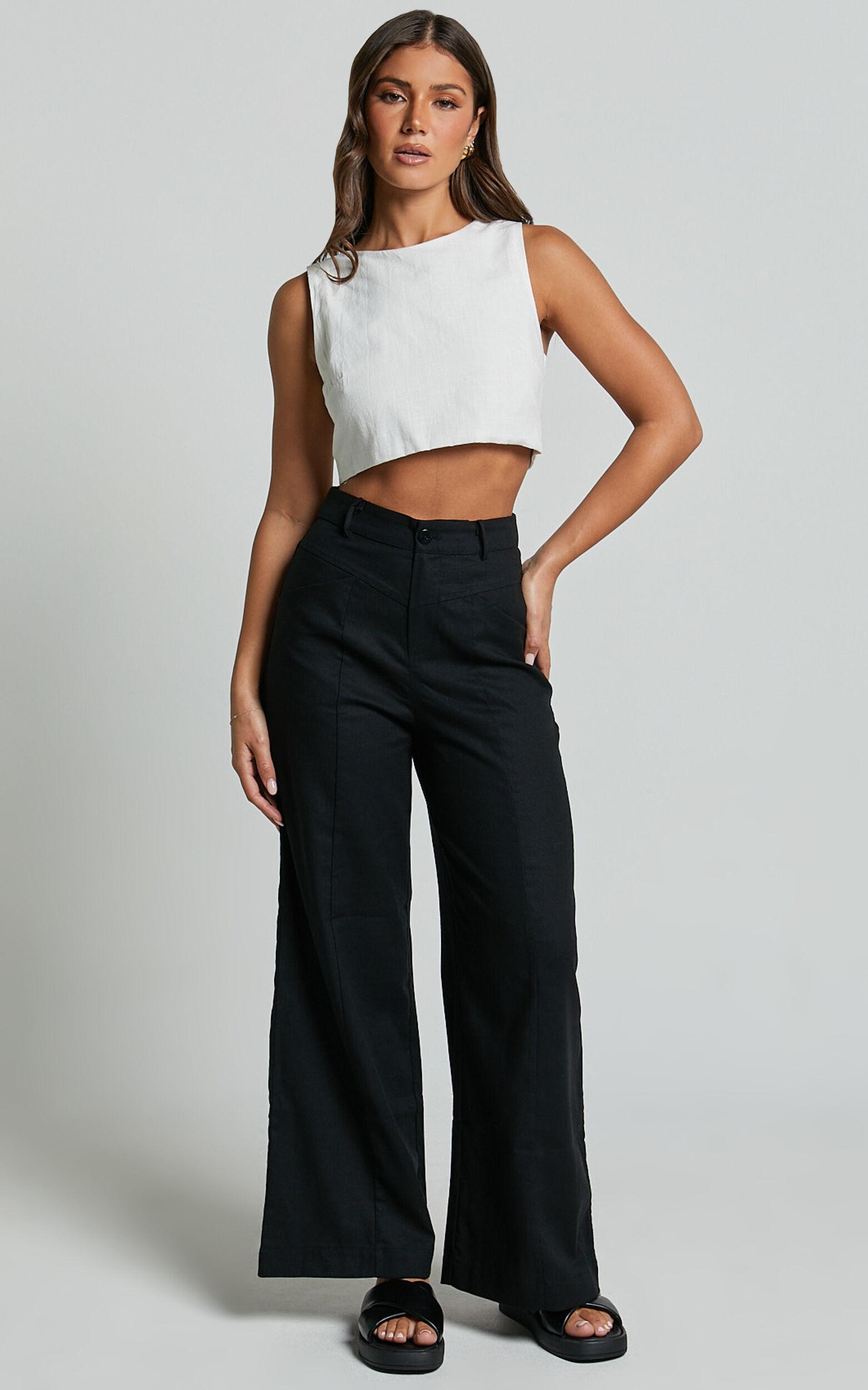 Skye Pants - Linen High Waisted Seam Detail Pants in Black Product Image