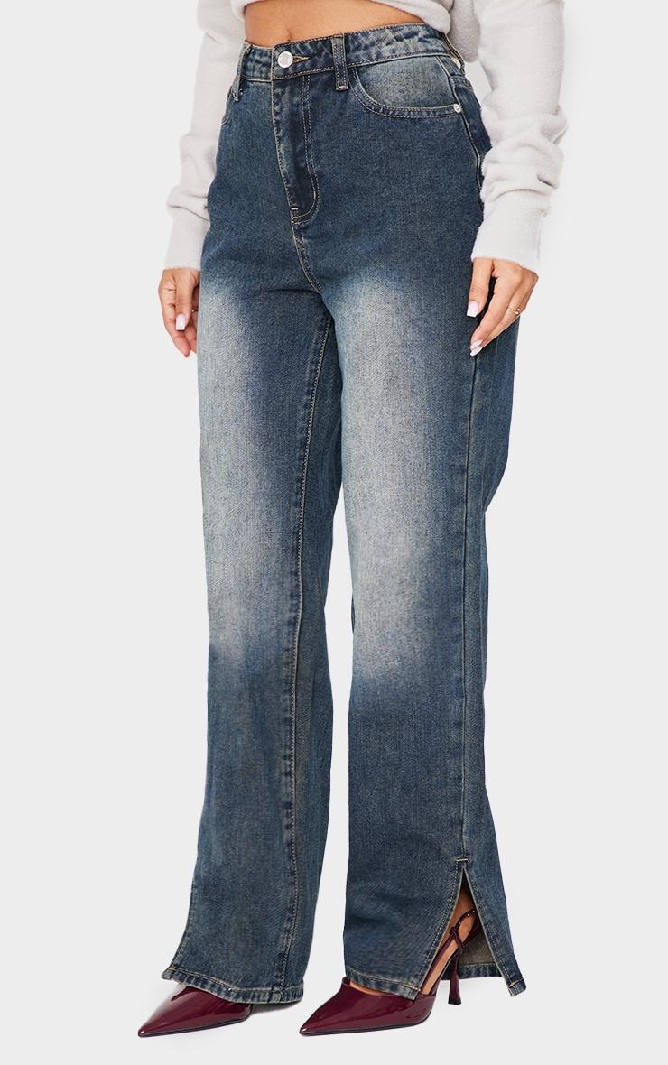 Petite Grey Used Bleach Split Hem Jeans Product Image