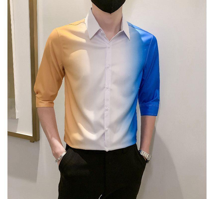 Color Block Elbow-Sleeve Shirt Product Image