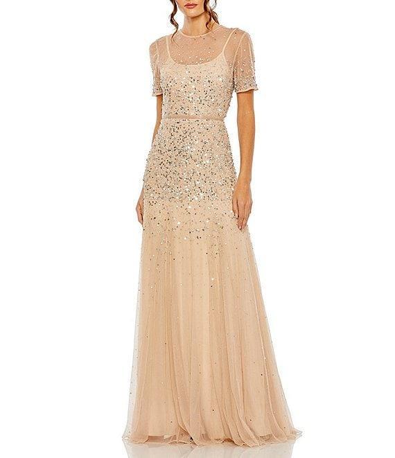 Mac Duggal Short Sleeve Illusion Neck Sequin Embellished A-Line Gown Product Image