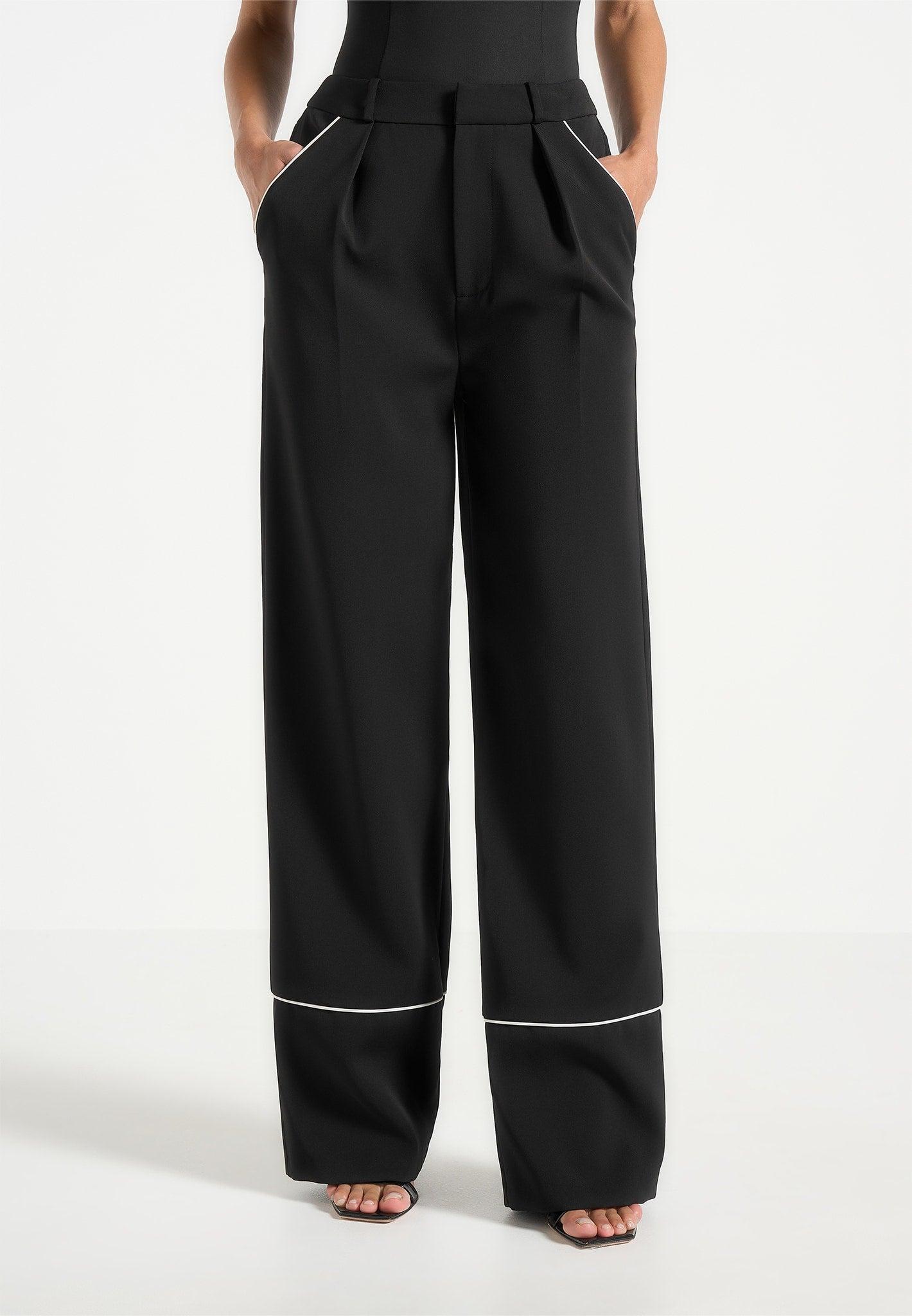 Mina - Contrast Piped Pleated Trousers - Black/White Female Product Image