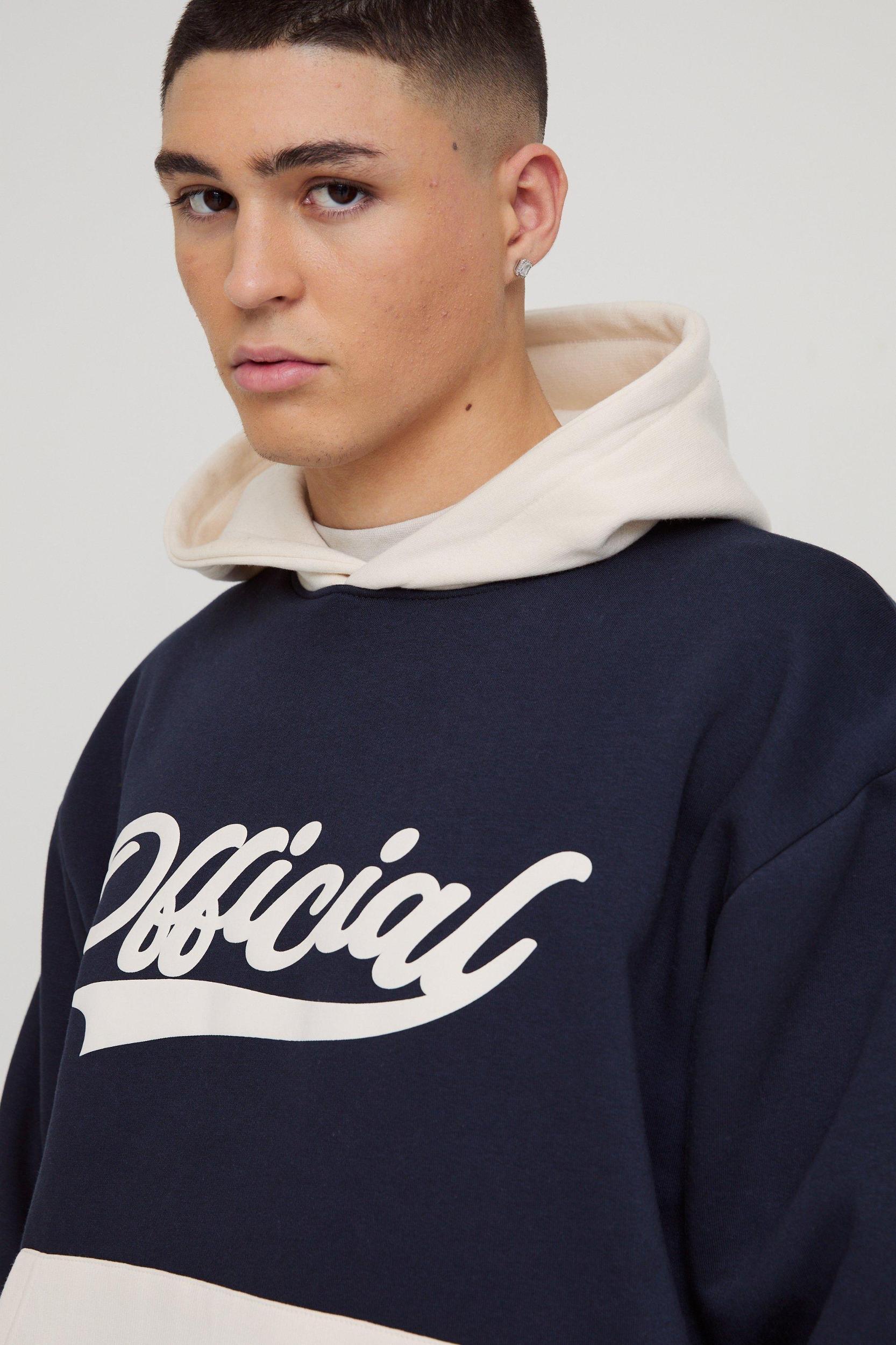 Oversized Boxy Colour Block Puff Print Hoodie | boohooMAN USA Product Image