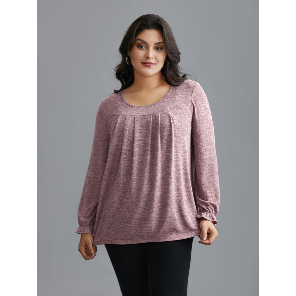 Plus Size Round Neck Heather Pleated T-shirt Blush Women Leisure Pleated Round Neck Loose Casual T-shirts BloomChic 10/M Product Image