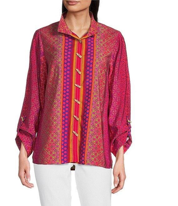 Ali Miles Woven Printed Wire Neck 3/4 Roll-Tab Sleeve Button Front Tunic Product Image