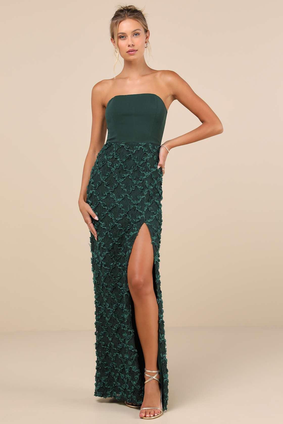 Ravishing Appeal Emerald 3D Floral Applique Strapless Maxi Dress Product Image