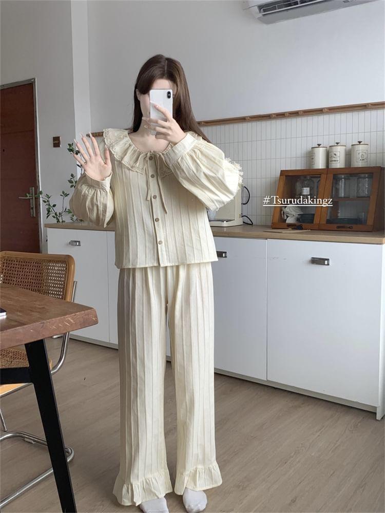 Pajama Set: Plain Lace Trim Shirt + Pants Product Image