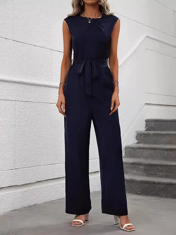 Loose Sleeveless Solid Color Split-Joint Tied Waist Round-Neck Jumpsuits Product Image