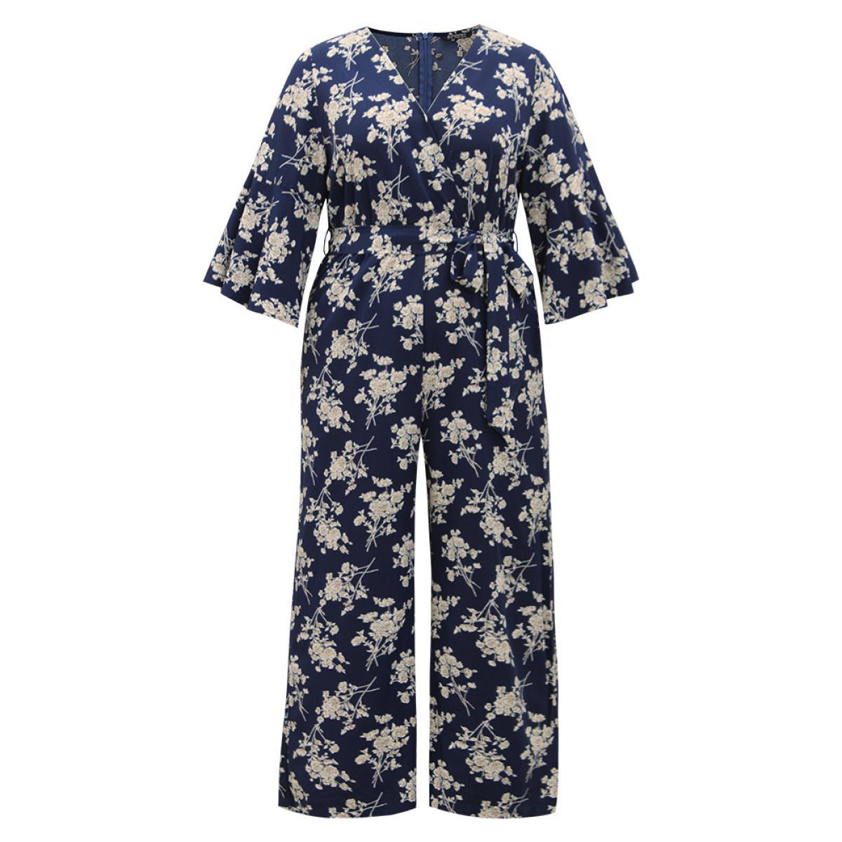 Plus Size DarkBlue Floral Print Bell Sleeve Pocket Belted Jumpsuit Women Elegant Elbow-length sleeve V-neck Dailywear Loose Jumpsuits BloomChic 30/6X Product Image