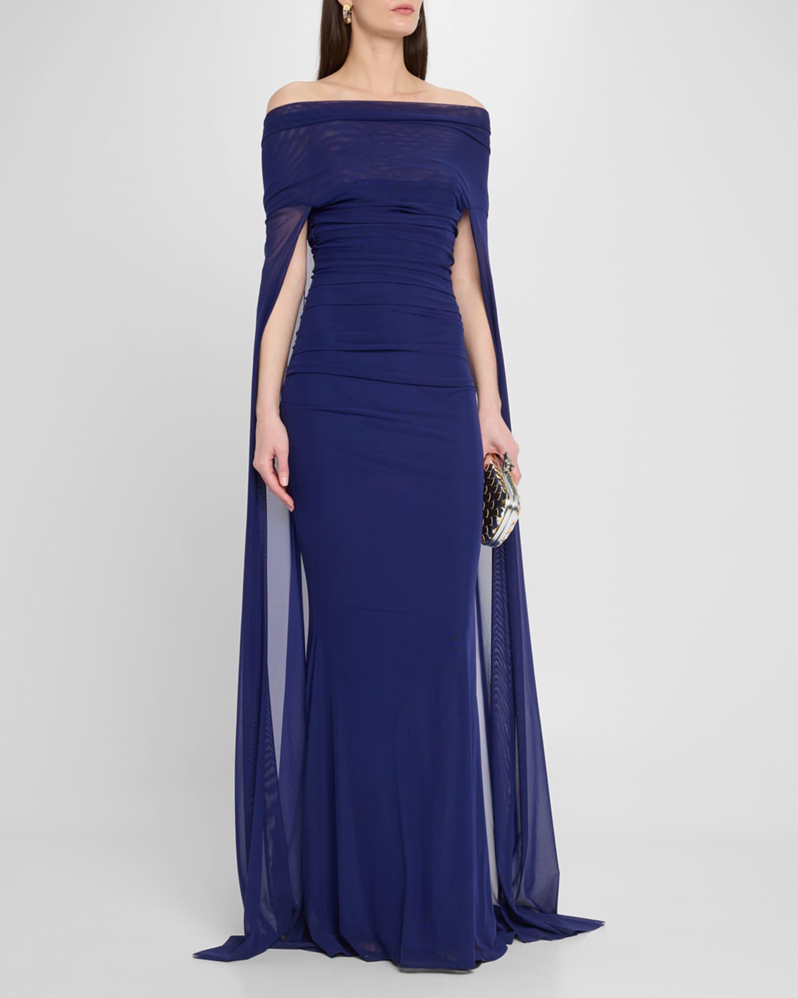 Off-The-Shoulder Ruched Mesh Cape Gown Product Image