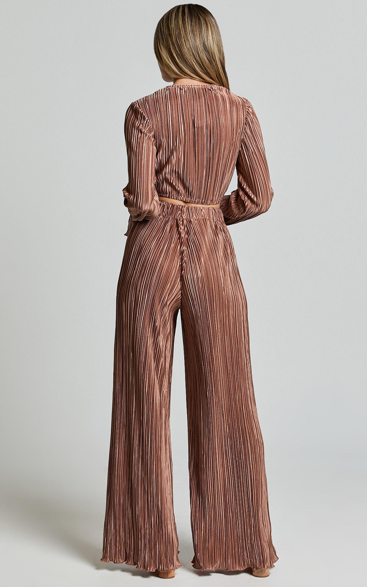 Aluna Two Piece Set - Plisse Twist Front Crop Top and Wide Leg Pants Set in Chocolate Product Image
