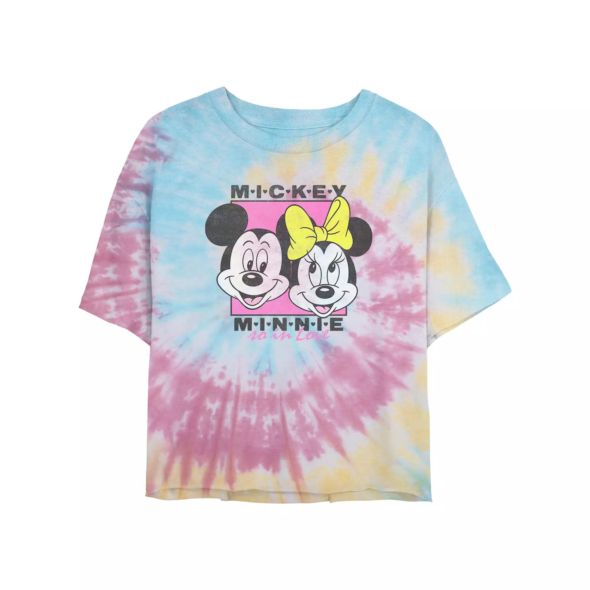 Disney's Mickey Mouse And Minnie In Love Juniors' Cropped Tie Dye Graphic Tee, Women's, Size: Small, Blue Pink Light Yellow Product Image