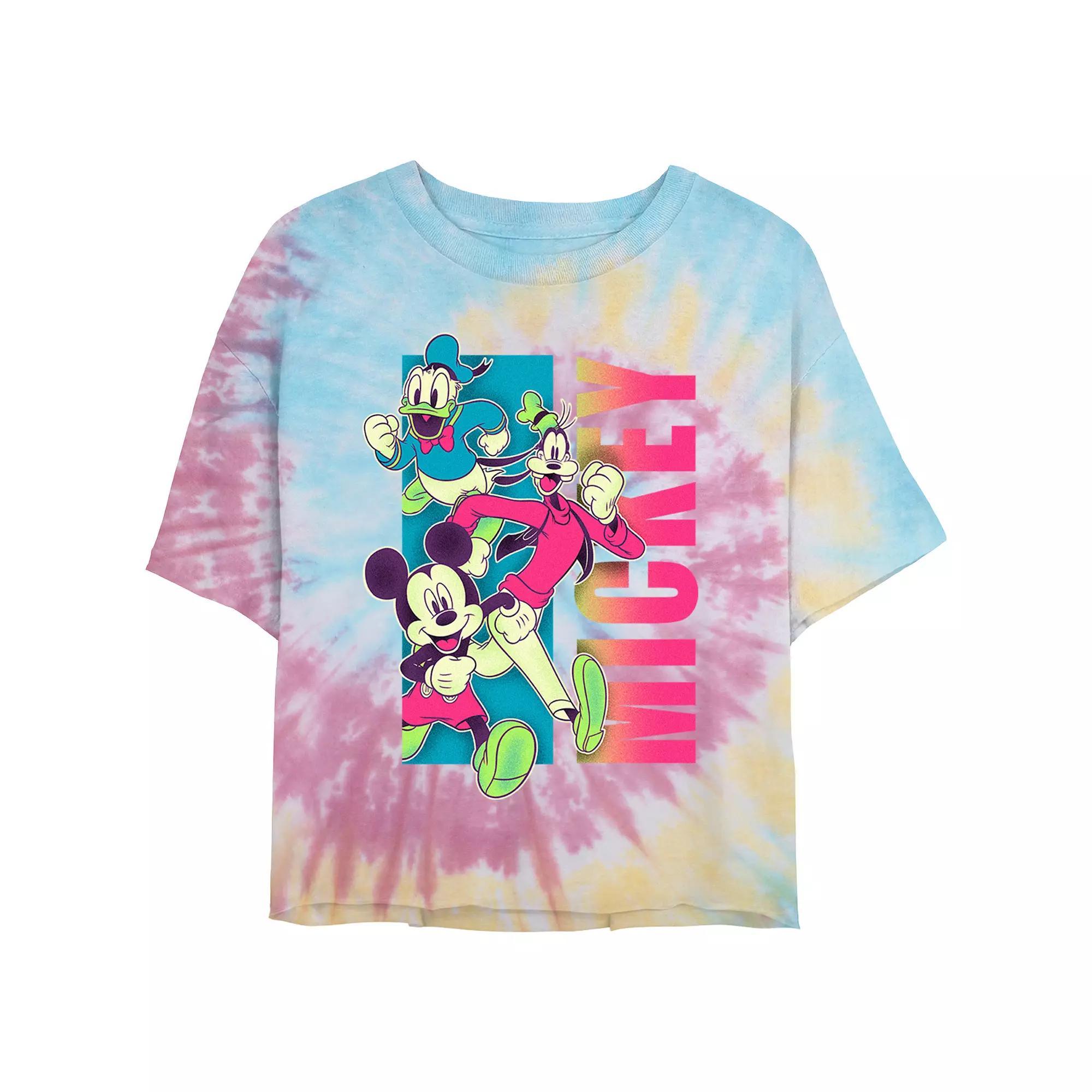 Disney's Mickey Mouse And Friends Fluorescent Run Juniors' Cropped Tie Dye Graphic Tee, Women's, Size: Large, Blue Pink Light Yellow Product Image