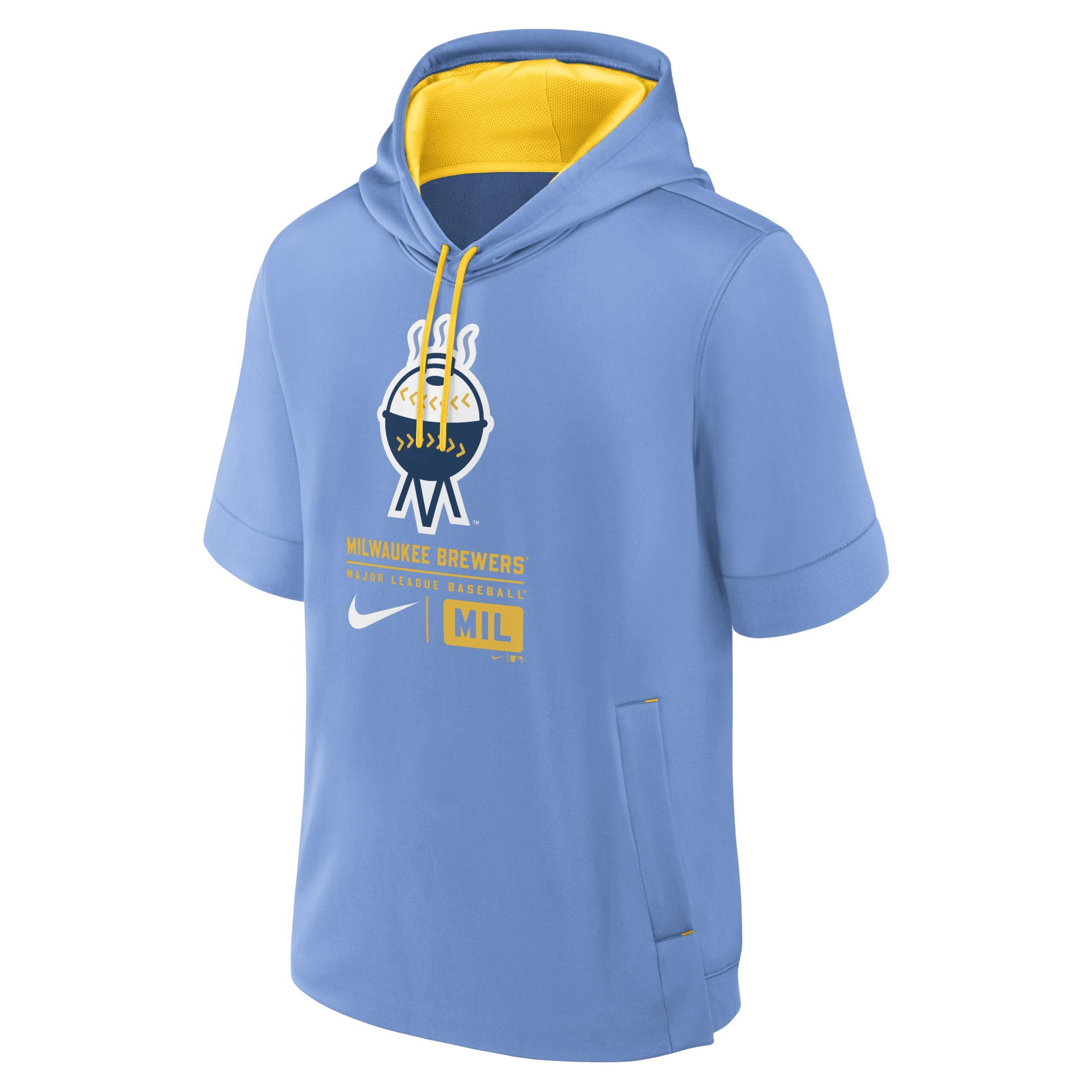 Mens Nike Blue Milwaukee Brewers City Connect Color Block Short Sleeve Pullover Hoodie Product Image