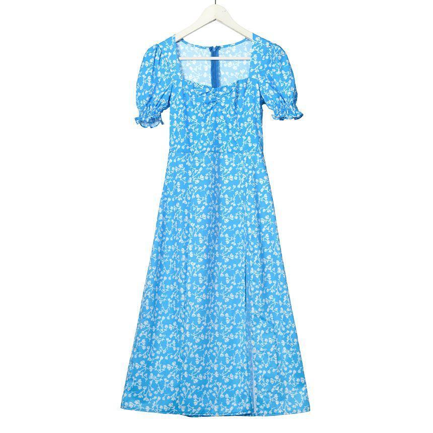 Short-Sleeved Square-Neck Floral Slit Midi A-Line Dress Product Image