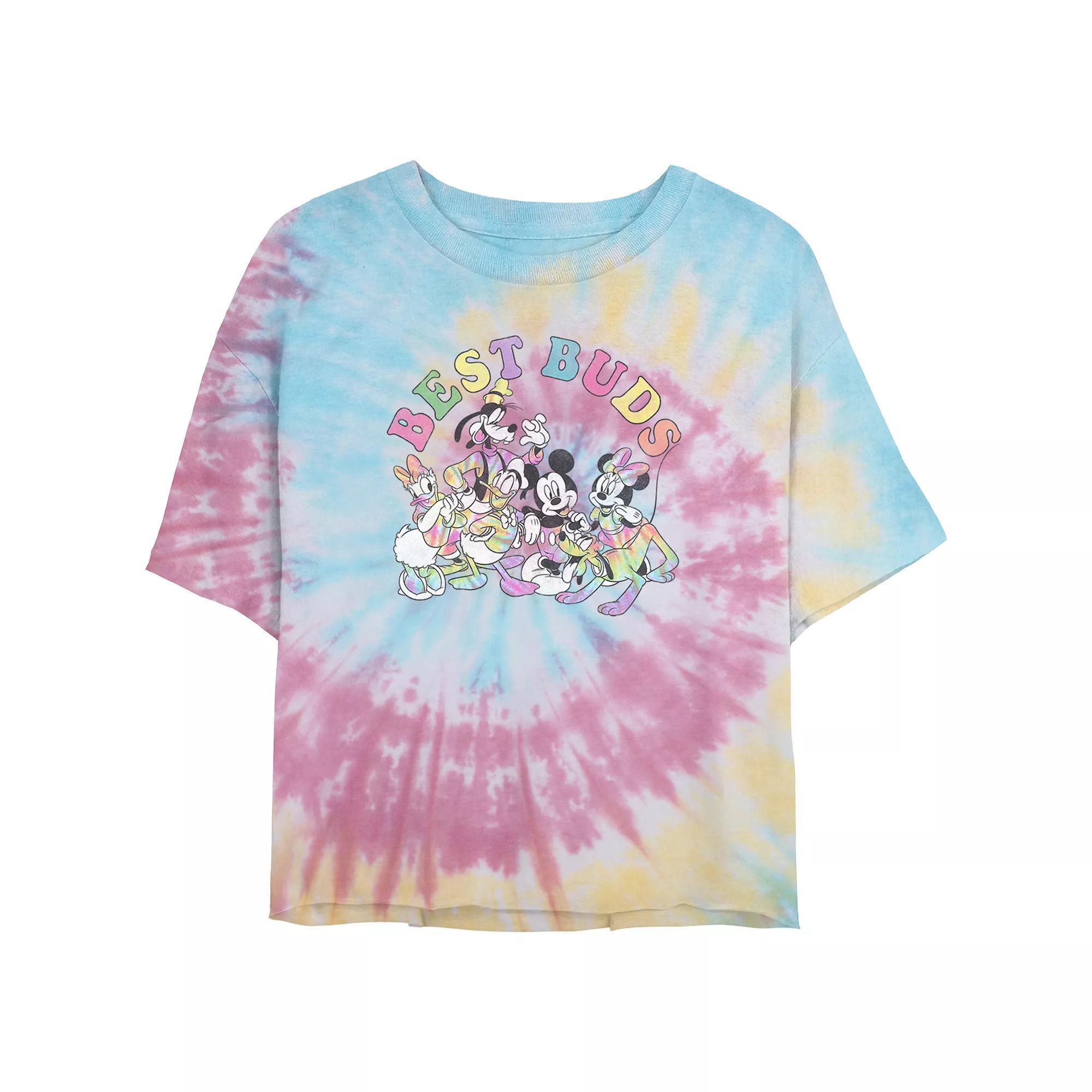 Disney's Mickey Mouse And Friends Best Buds Juniors' Cropped Tie Dye Graphic Tee, Women's, Size: Large, Blue Pink Light Yellow Product Image