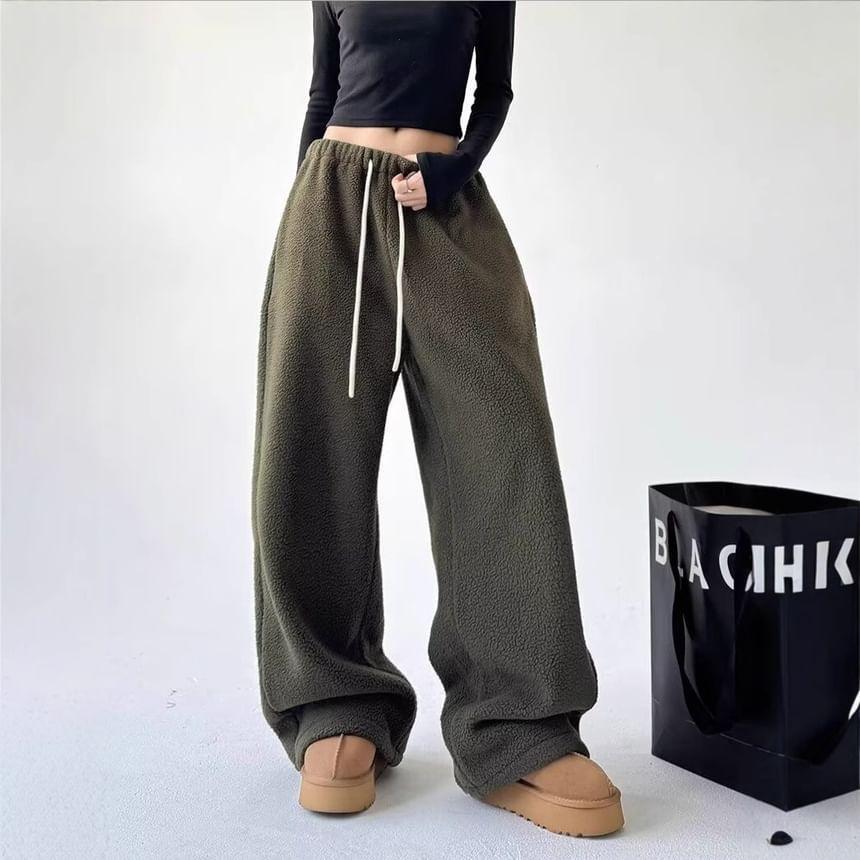 Mid Rise Plain Fleece Wide Leg Sweatpants Product Image