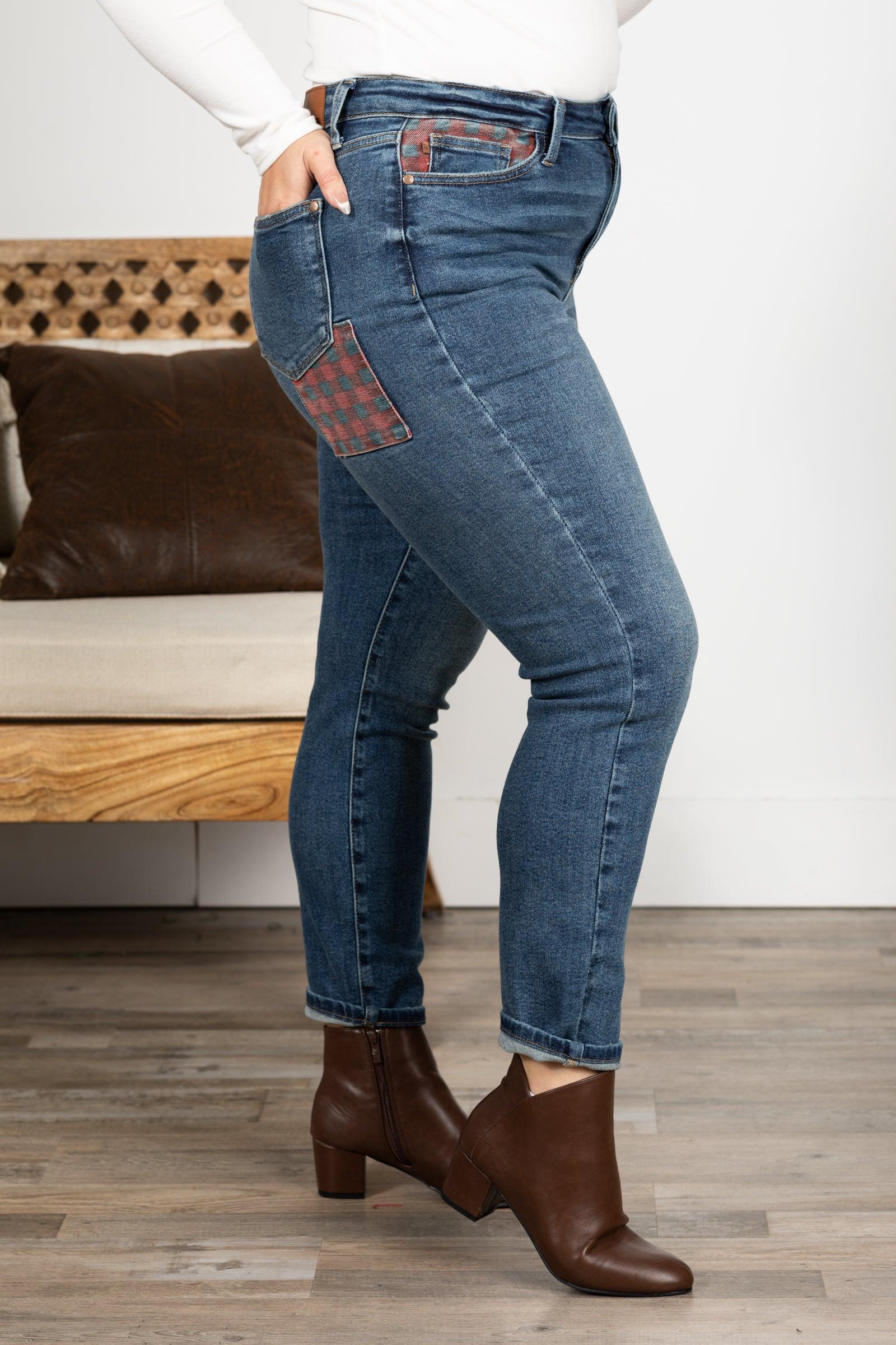 Judy Blue Medium Wash Plaid Patch Slim Jeans Product Image