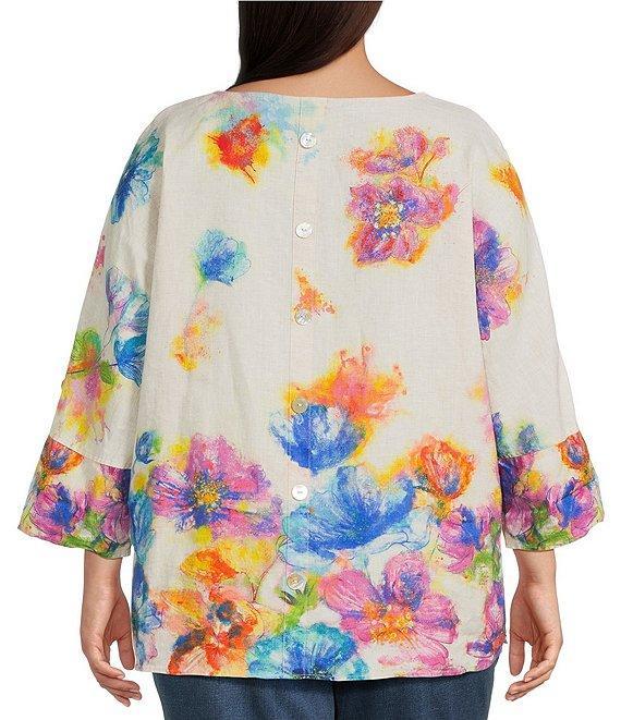 Ali Miles Plus Size Linen Blend Multi Floral Round Neck 3/4 Dolman Roll-Tab Sleeve Tunic Product Image