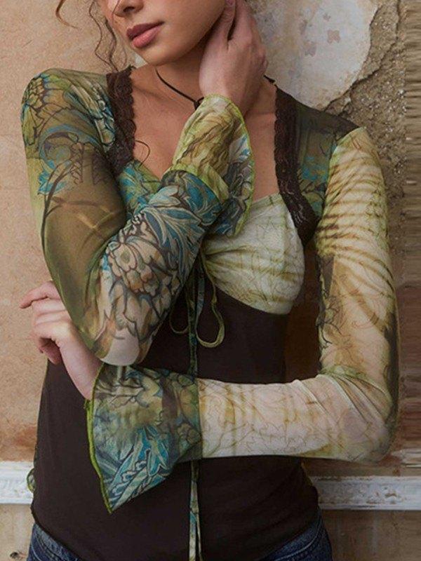 Tie Front Patchwork Mesh Long Sleeve Cropped Blouse Product Image