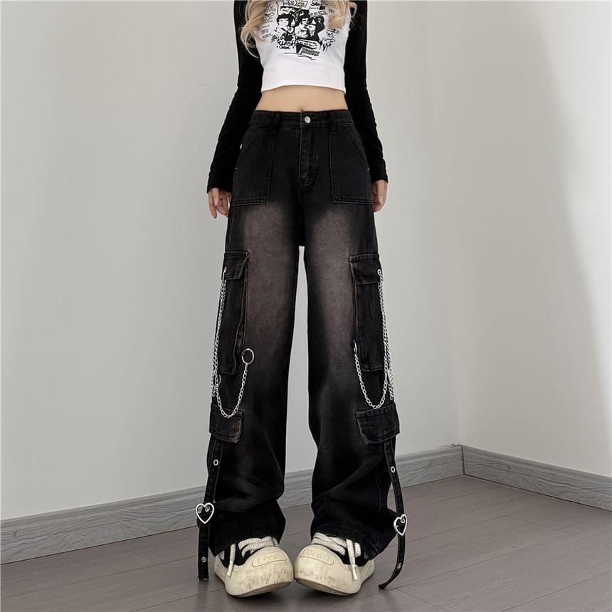 Low Rise Washed Chained Wide Leg Cargo Jeans Product Image