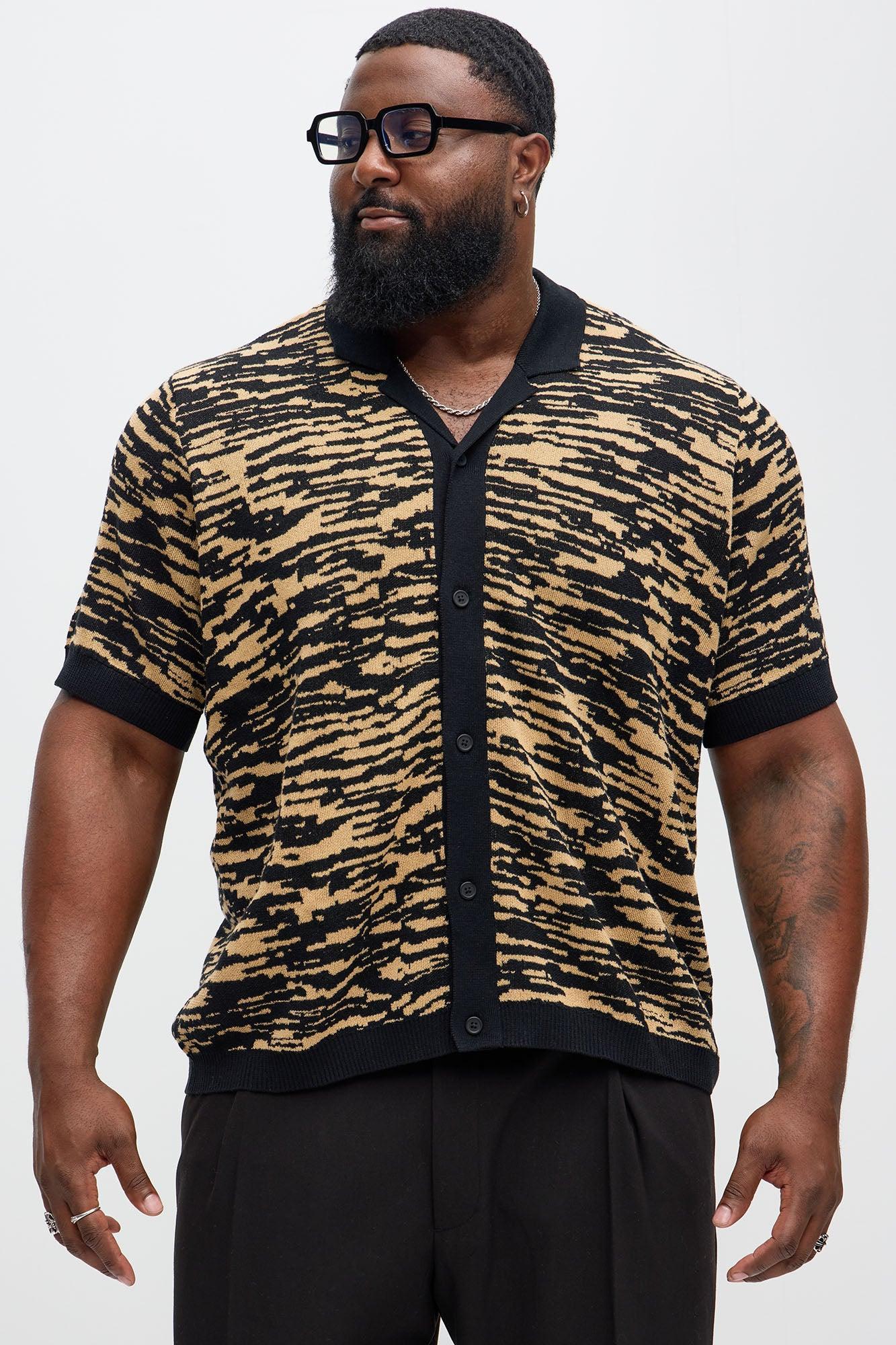 Zebra Pattern Knit Button Down Shirt - Black/combo Product Image