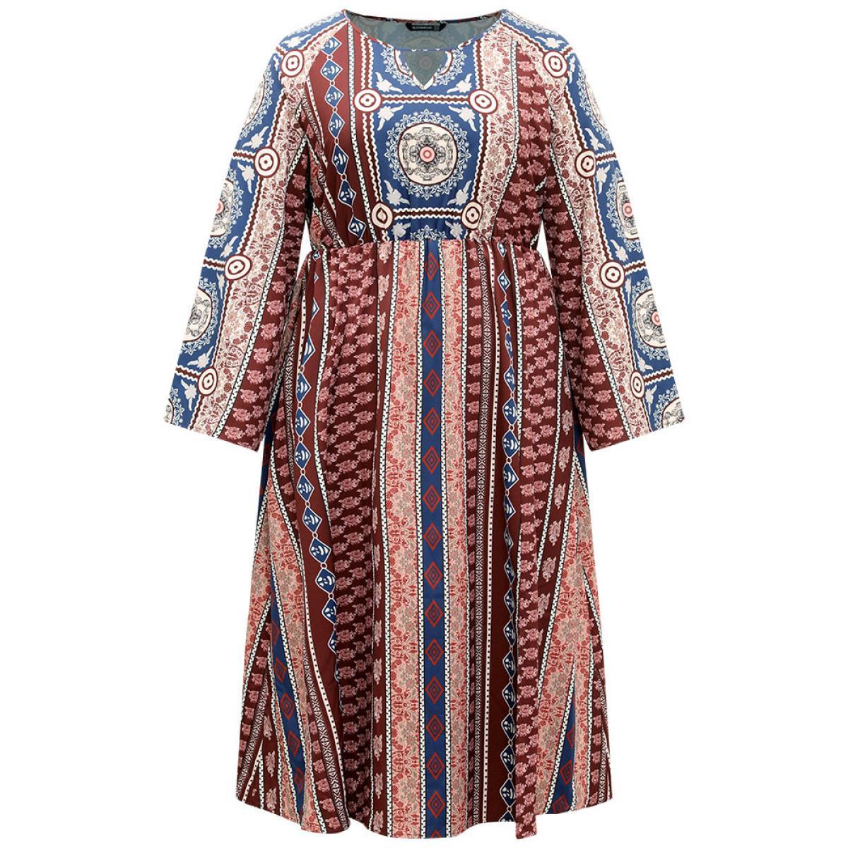 Plus Size Boho Print Keyhole Split Hem Pocket Dress Scarlet Women Vacation Printed Notched collar Long Sleeve Curvy Midi Dress BloomChic 10/M Product Image
