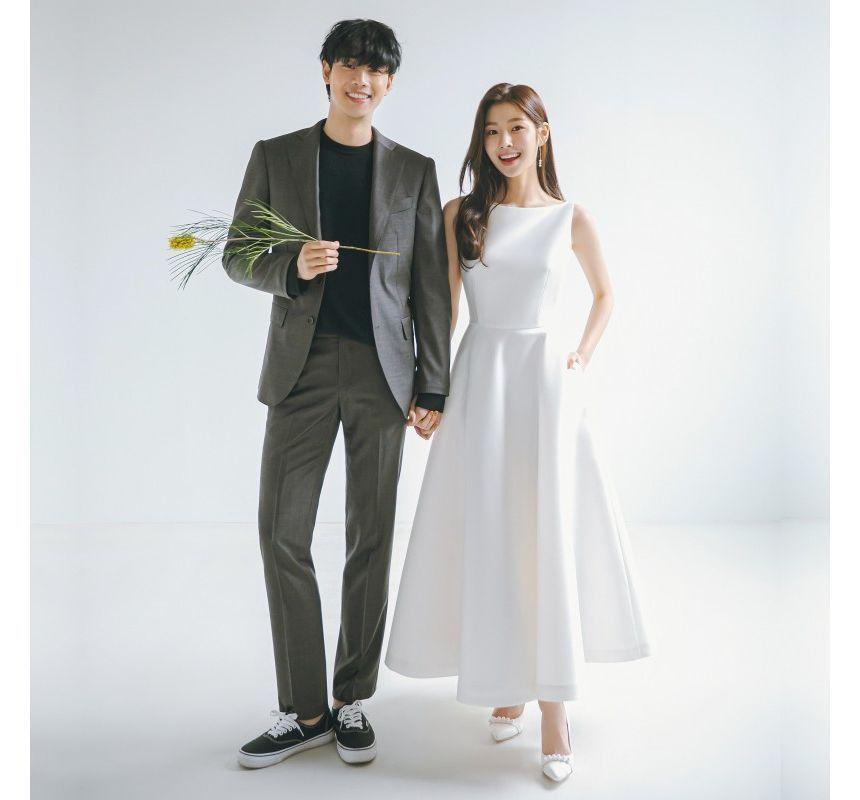 Sleeveless Crew Neck Plain Satin Midi A-Line Wedding Dress Product Image