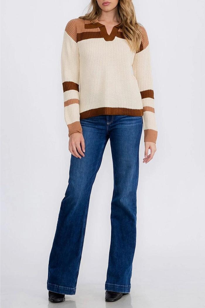 V-Neck Knit Colorblock Pullover Sweater Product Image