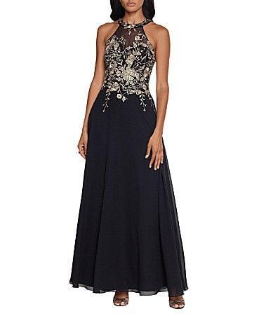 Betsy  Adam Halter Neck Floral Embroidered Sleeveless Chiffon Gown Product Image