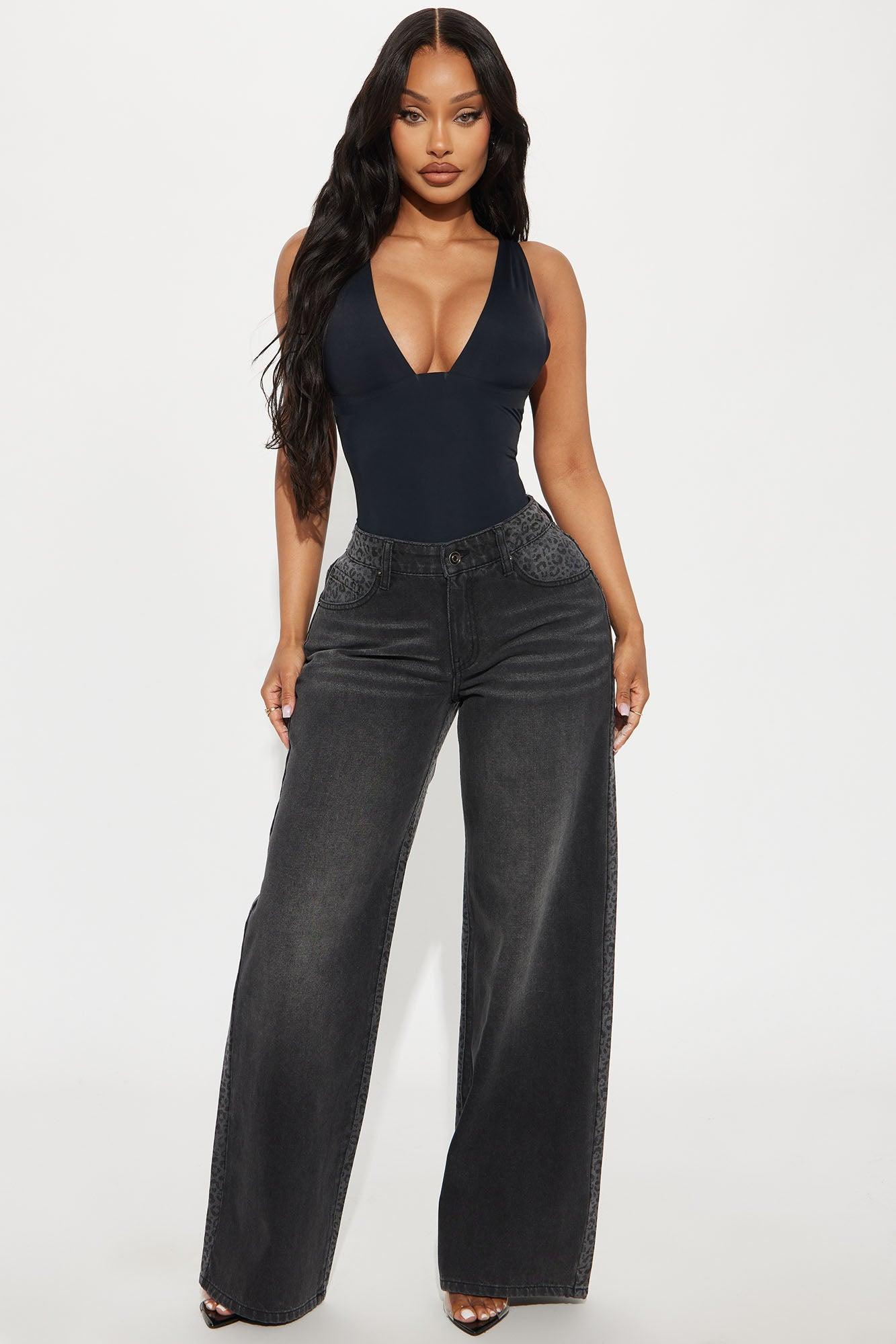 Wild Side Leopard Print Wide Leg Jeans - Black Wash Product Image