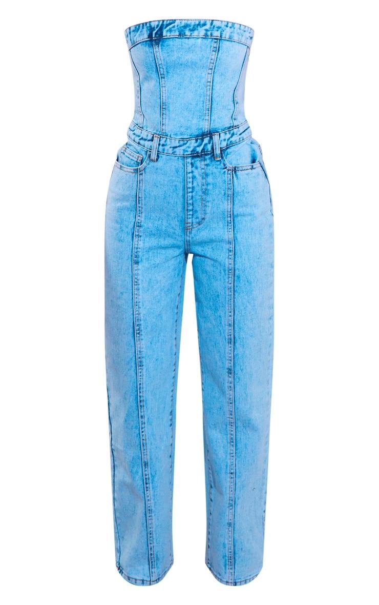 Petite Acid Blue Wash Bandeau Denim Jumpsuit Product Image