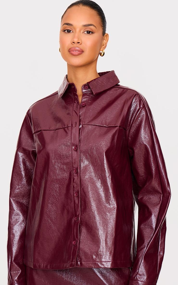 Burgundy Faux Leather Oversized Shirt Product Image