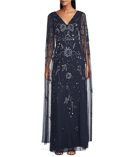 Adrianna Papell Beaded Mesh V-Neck Long Capelet Sleeves Sheath Gown Product Image