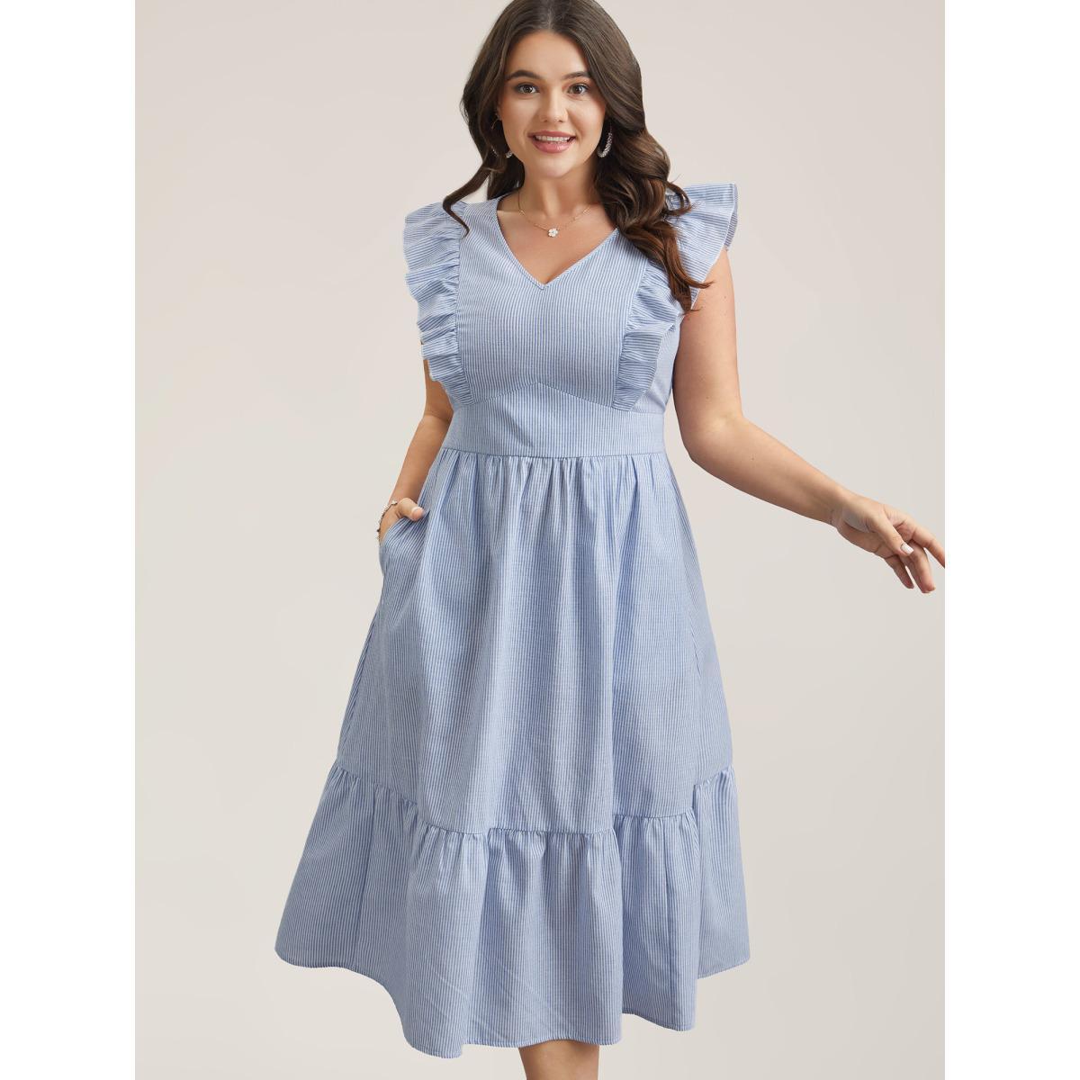 Plus Size Ruffled Striped Print Triangular Waist Midi Dress Skyblue Women Timeless Ruffles V-neck Cap Sleeve Curvy BloomChic 22-24/3X Product Image