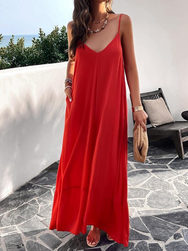 Loose Sleeveless Pleated Solid Color Split-Joint Spaghetti-Neck Maxi Dresses Product Image