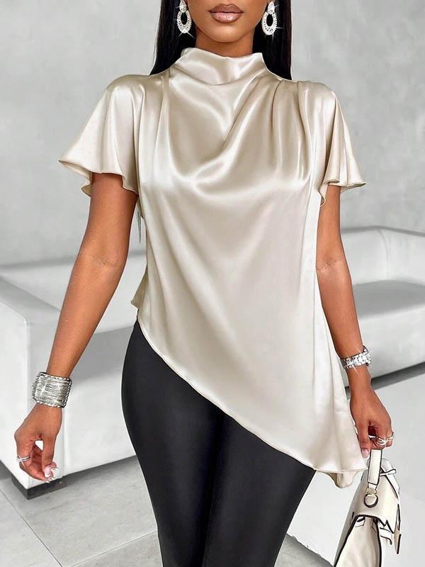 Loose Short Sleeves Asymmetric Solid Color Mock Neck Blouses&Shirts Tops Product Image