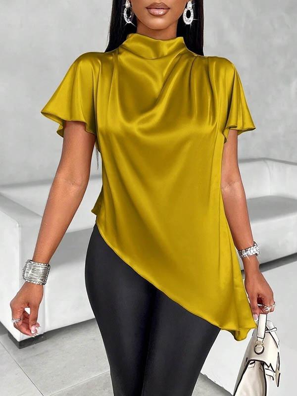 Loose Short Sleeves Asymmetric Solid Color Mock Neck Blouses&Shirts Tops Product Image