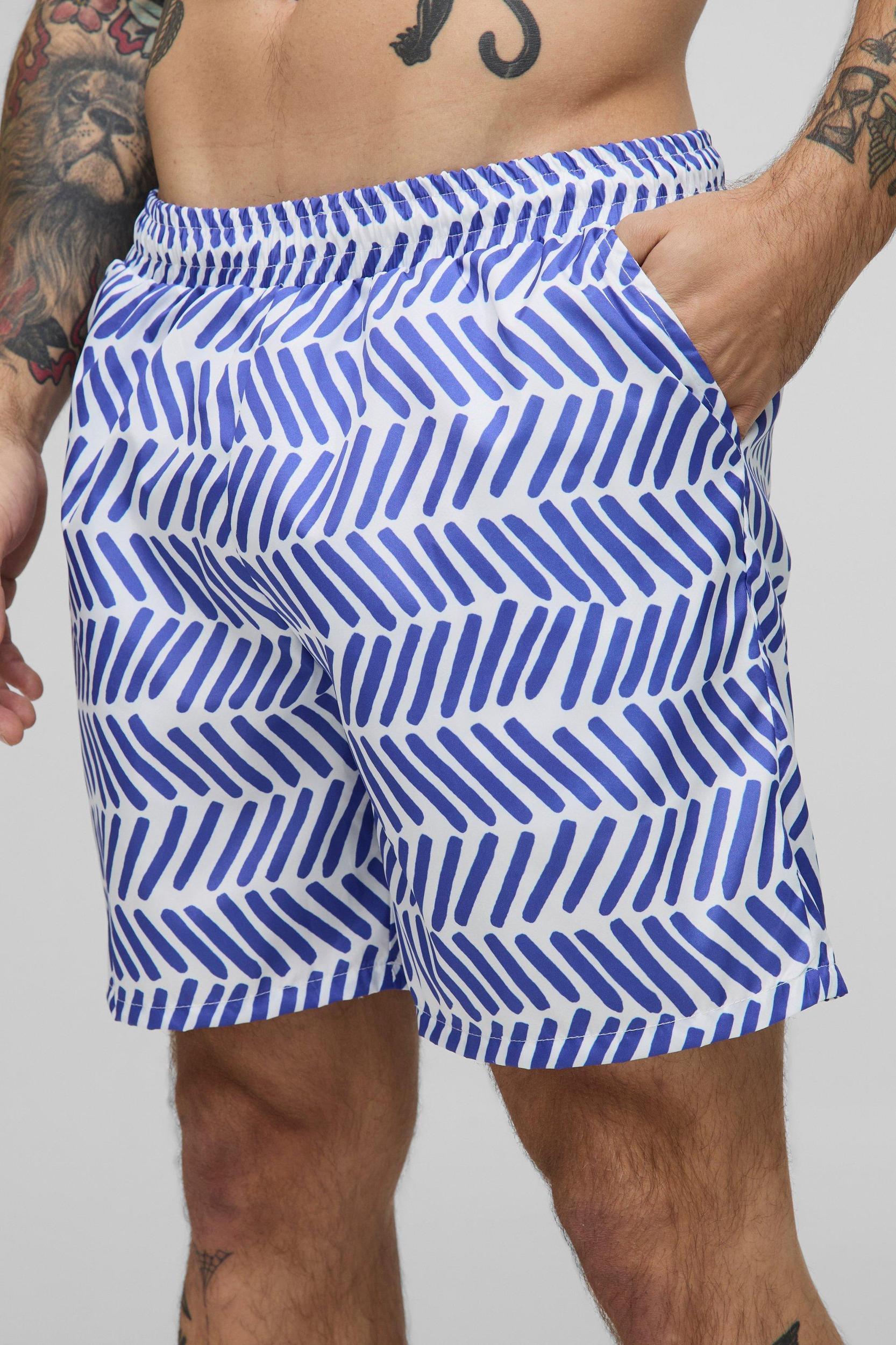 Pattern Printed Mid Length Swim Trunks | boohooMAN USA Product Image