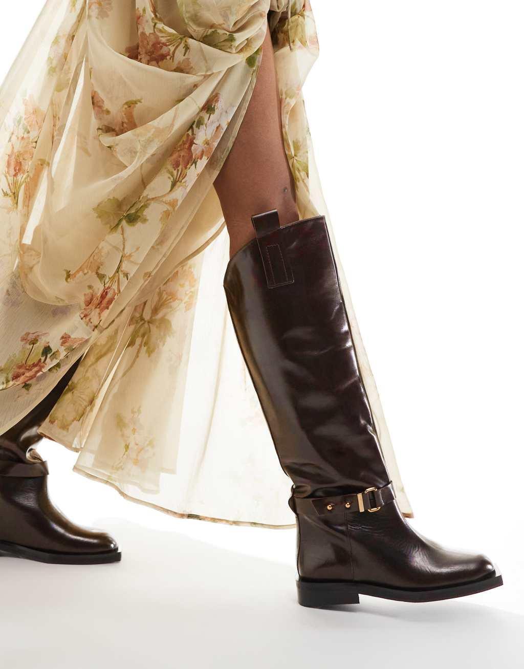 ASOS EDITION premium leather over the knee riding boots in brown Product Image