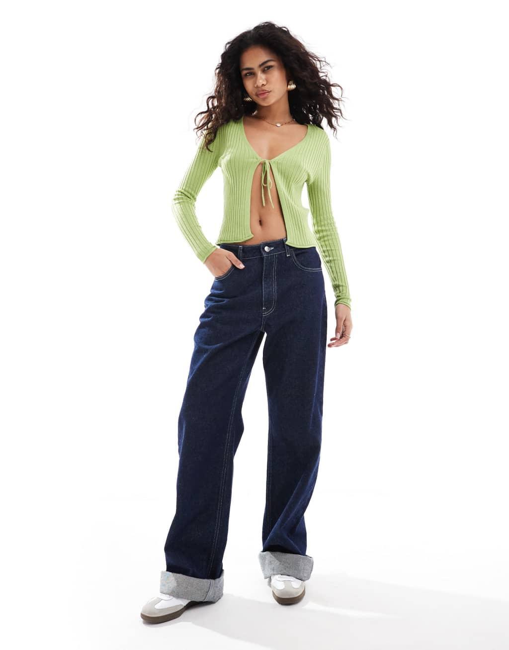 ONLY tie front knit cardigan in green Product Image